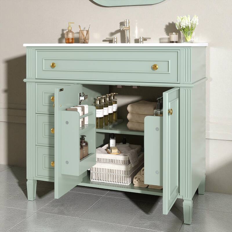 36" Freestanding Bathroom Vanity with Sink, Solid Wood Frame, 3 Drawers & 2 Soft-Close Doors, Gold Handles