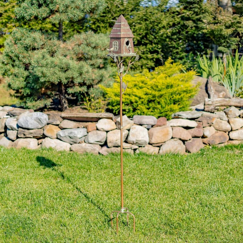 70.25" Tall Haystack Cabin Birdhouse Garden Stake "Sumeru" - 10" L x 7.5" W x 70.25" H