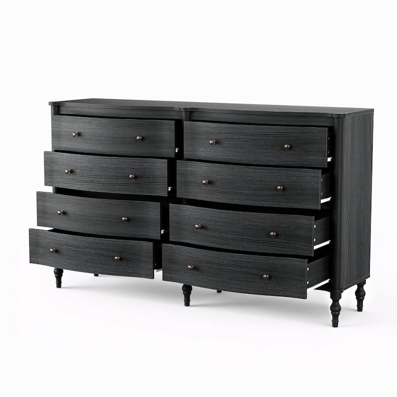 Elegant 8-Drawer Dresser with Solid Wood Legs, Vintage Curved Front Chest of Drawers for Bedroom Storage