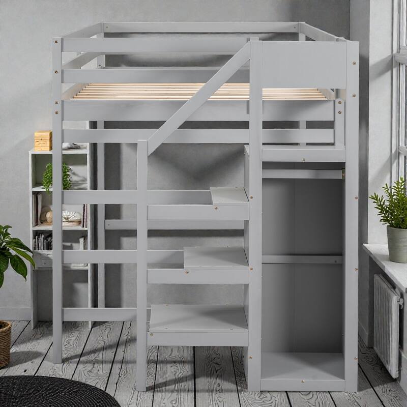 Full Size Loft Bed with Built-in Storage Wardrobe and Staircase, Solid Wood Space-Saving Loft Frame
