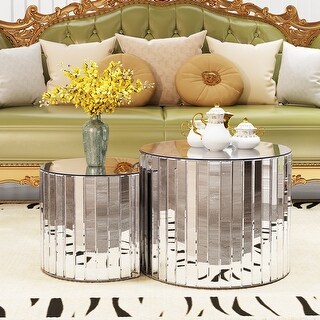 Luxury Vertical Stripe Mirrored Nesting Coffee Table Sets of 2