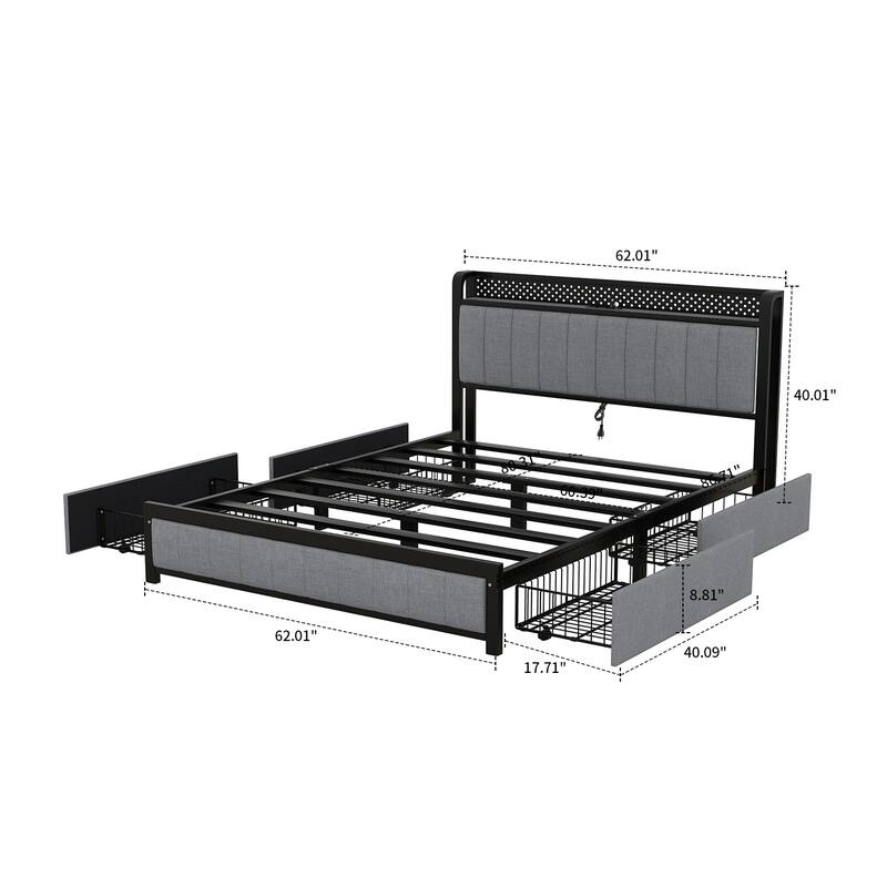 Contemporary Multifunctional Queen Size Linen Fabric Upholstered Platform Bed