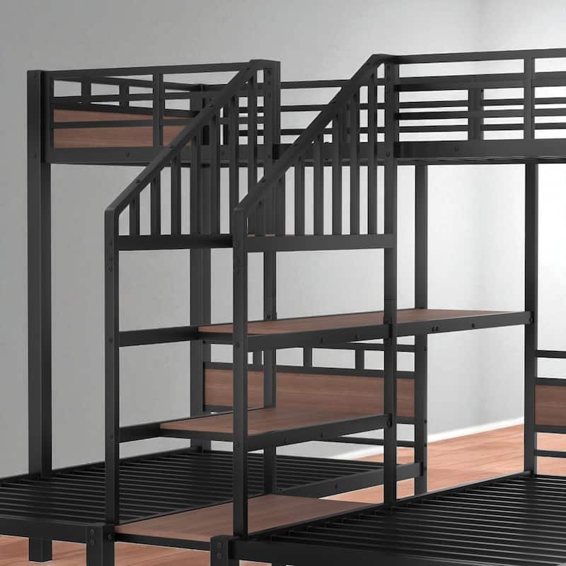 Twin/Queen over Twin over Twin Metal Triple Bunk Bed with Storage Shelves & Built-in Stairs, Black Heavy Duty Frame