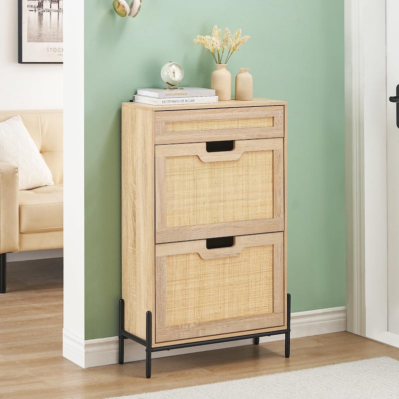 Rattan Shoe Cabinet with 2 Flip Drawers and 1 Small Drawer