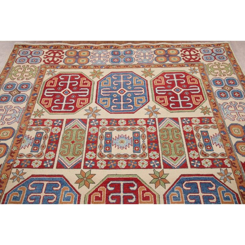 Hand Knotted Oriental 100% Wool Carpet Traditional All-Over Beige & Ivories Kazak Area Rug - 9' 11'' X 6' 8''