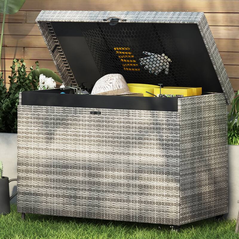 All-Weather Outdoor 230 Gallon Storage Box with Wheels, Rattan Storage Bin