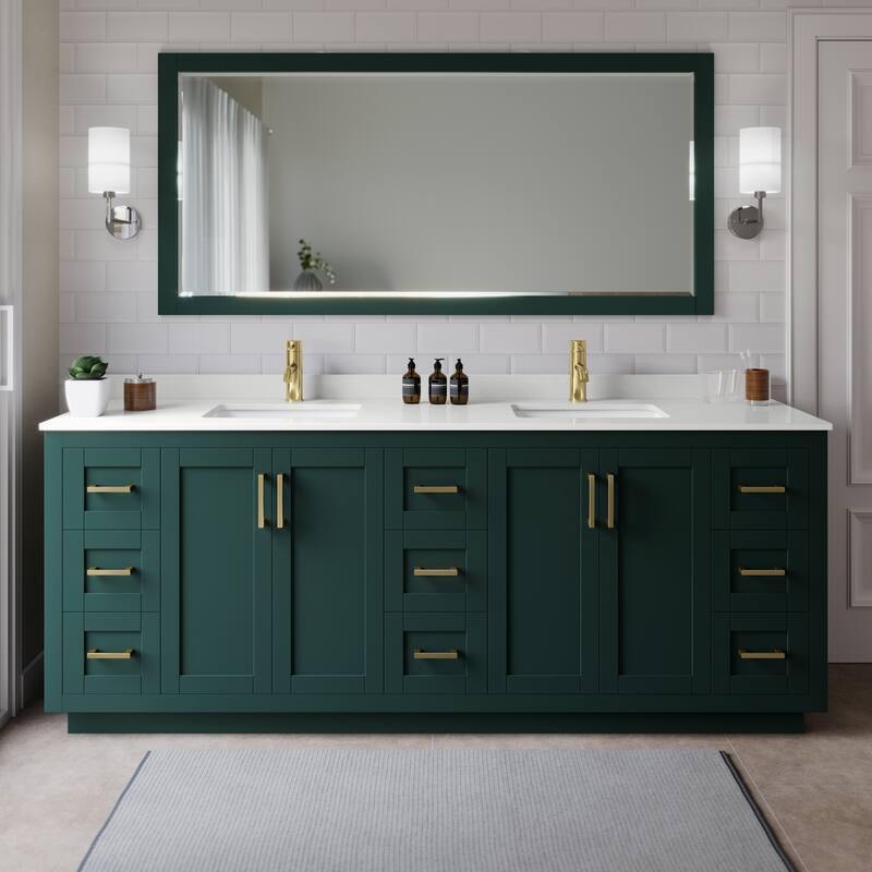Wyndham Collection WCF292984D-QTZ-UNSMXX Miranda 84" Free Standing - Green / White Quartz Top / Brushed Gold Hardware