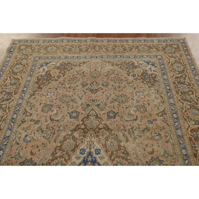 Traditional Mashad Persian Vintage Rug Handmade Orange Wool Carpet - 6'4"x 9'2"