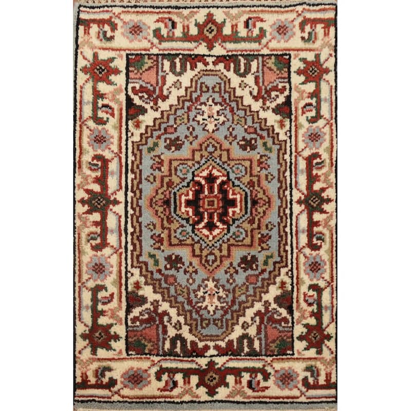 Hand Knotted Oriental 100% Wool Carpet Traditional Medallion Navy Blue & Blues Heriz (serapi) Area Rug - 3' 0'' X 2' 0''