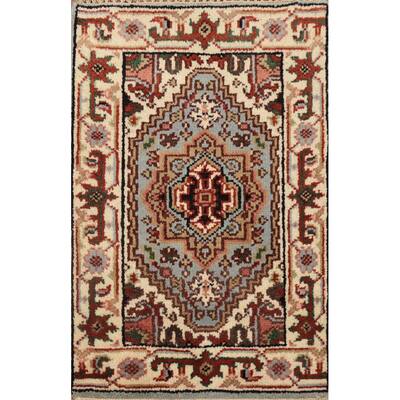 Hand Knotted Oriental 100% Wool Carpet Traditional Medallion Navy Blue & Blues Heriz (serapi) Area Rug - 3' 0'' X 2' 0''