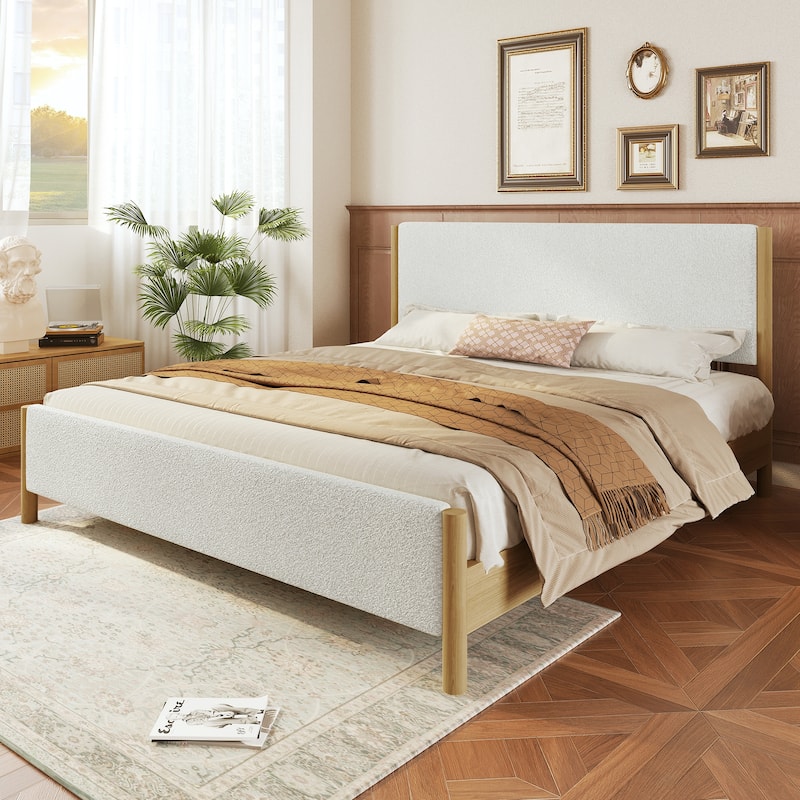 Christopher Knight Home - Elias Modern Boucle Upholstered Bed with Rubberwood Legs - White - Queen