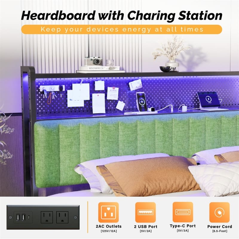 Adjustable Upholstered Headboard with 2 Tier Shelves with Charging Stations and LED Lights, Modern Bed Headboard with Storage