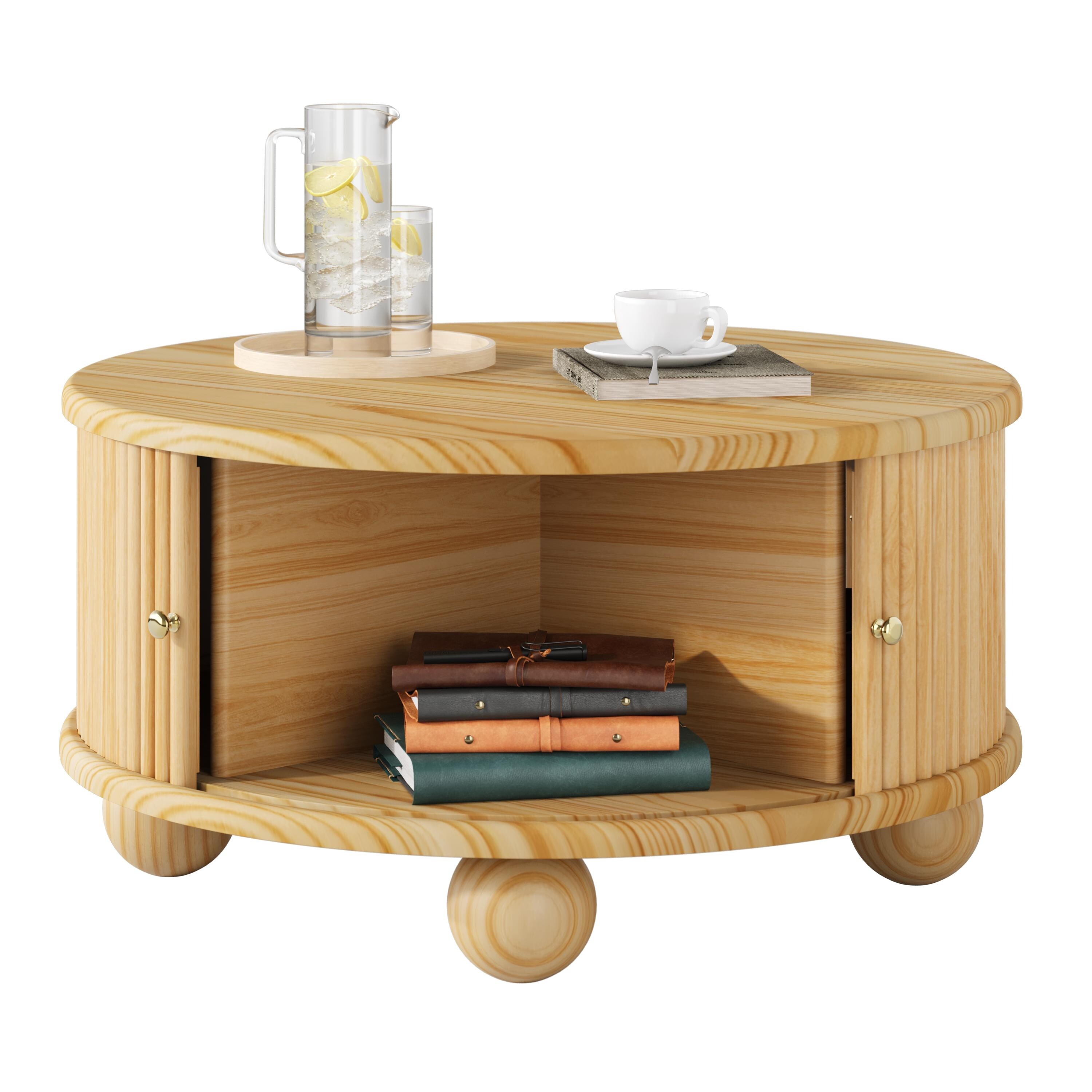 Round Fluted Coffee Table with Storage, Pine Solid Wood, Sliding