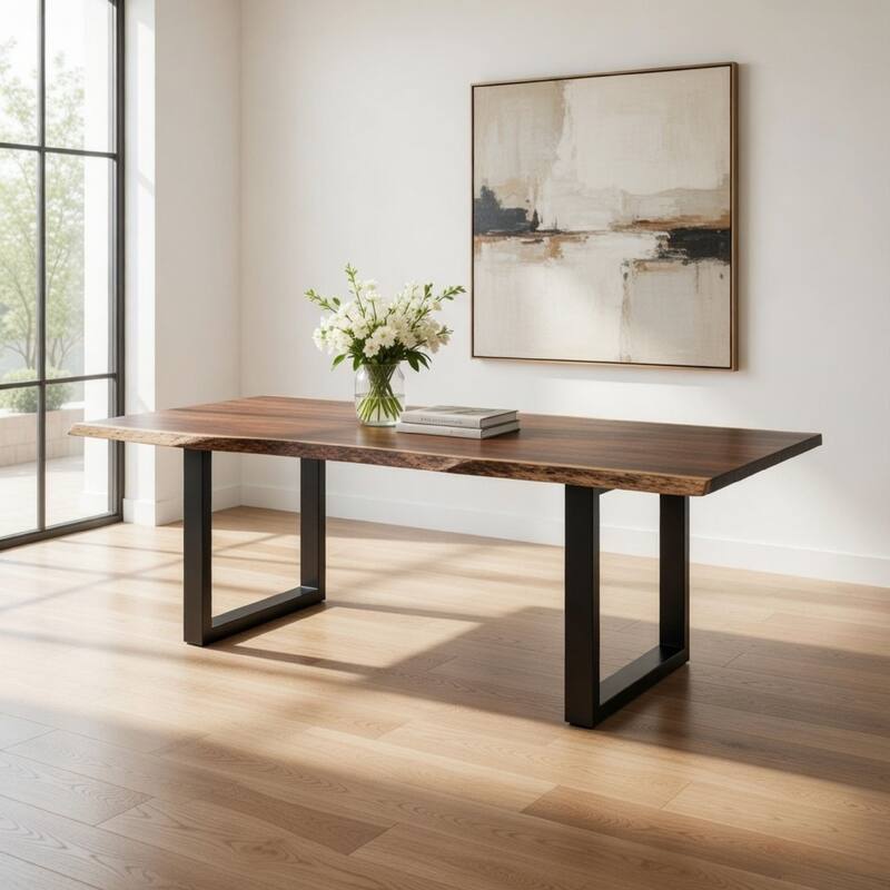 Cid Xue 102 Inch Dining Table, Live Edge, Rectangular, Metal, Brown, Black