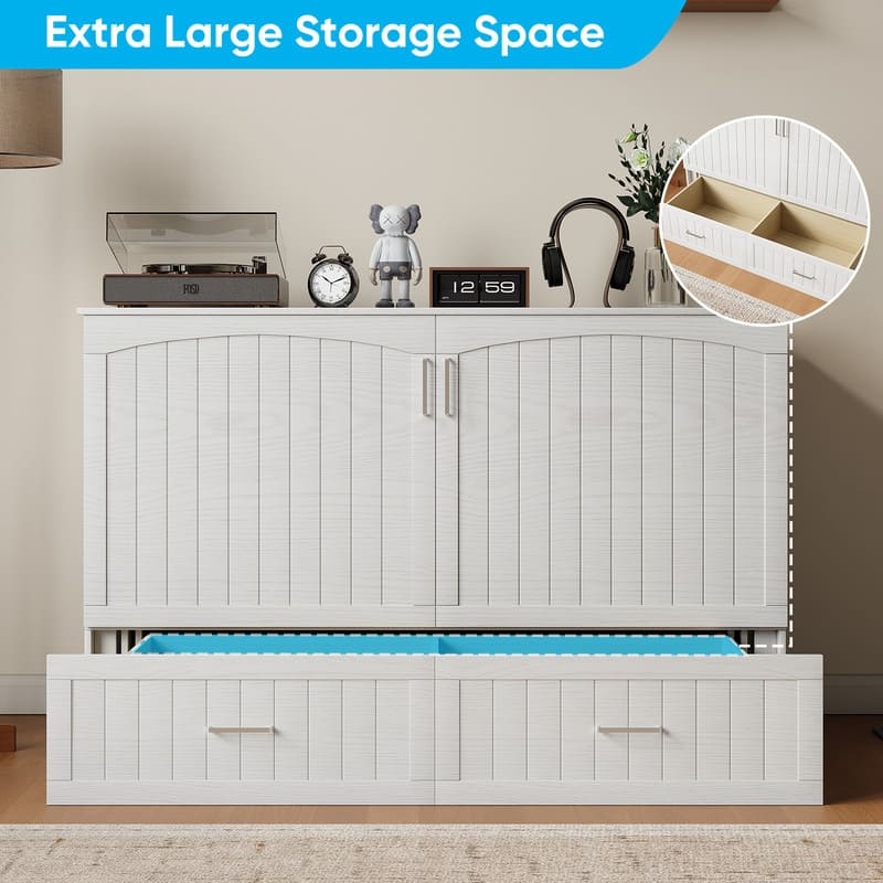Mixoy Queen Modern Murphy Bed Cabinet with Charge Station,Mattress,Drawers