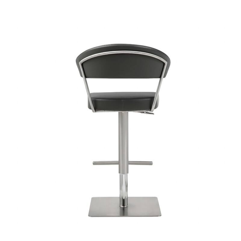 Black Faux Leather Bucket Bar Stool with Silver Stainless Steel Pedestal, Adjustable Height - 22” x 20” x 34” (D x W x H)