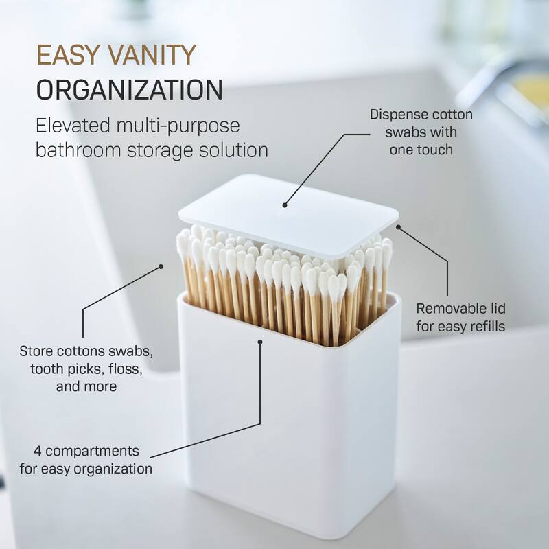 Yamazaki Home Cotton Swab Push-Top Case, ABS Plastic, 200 cotton swabs, Lid - L 2.6 x W 3.78 x H 4.25 inches