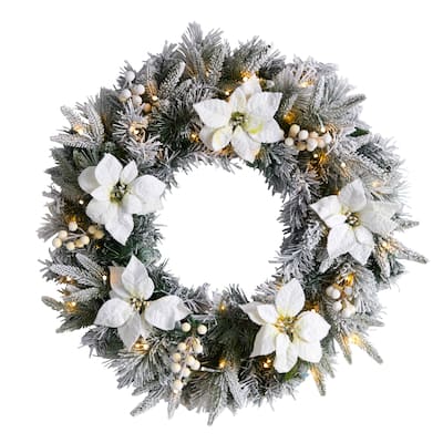 24" Flocked Poinsettia and Pine Artificial Christmas Wreath - Green - 24