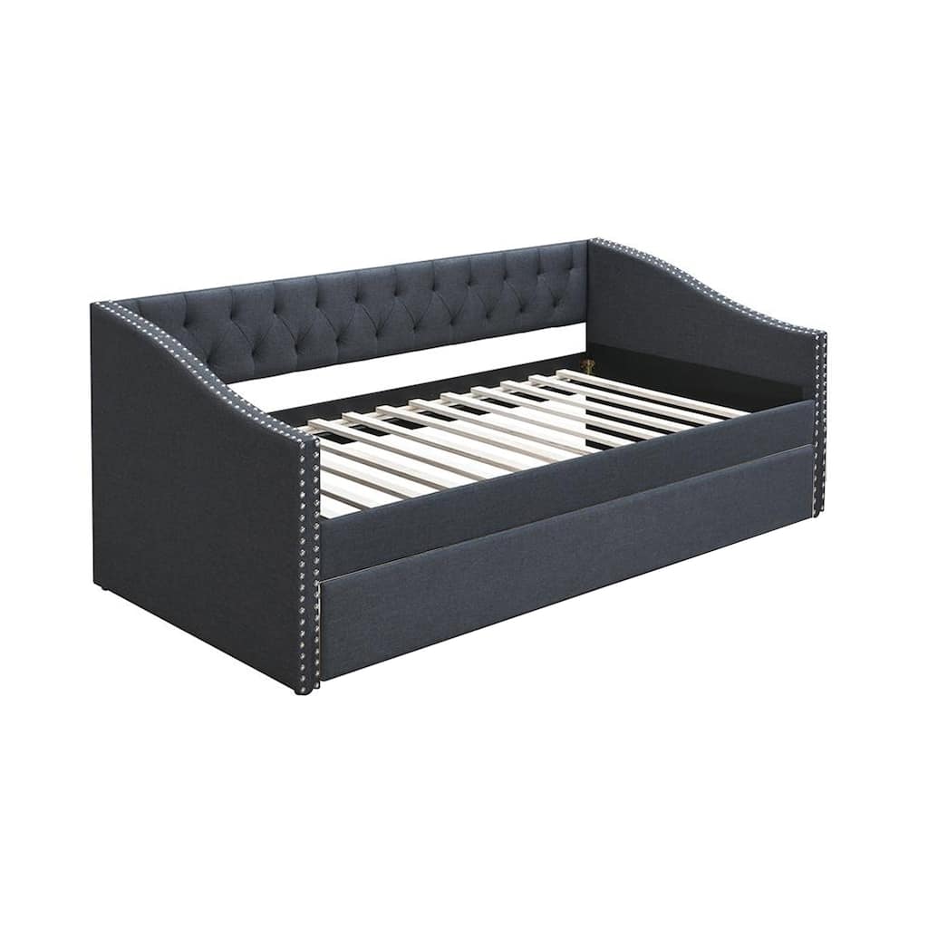 Daybed Sofa w Slats n Trundle Bed, Nailhead Trim, Charcoal Gray Fabric
