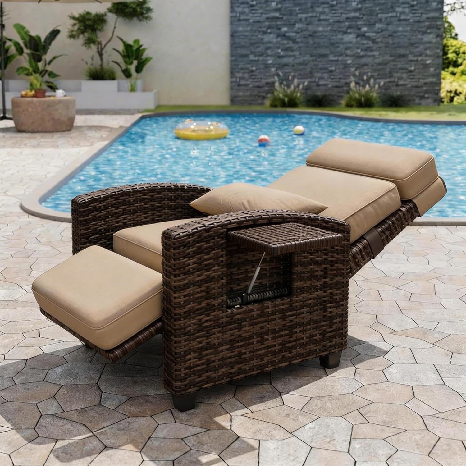 Outdoor Wicker Recliner Chair, Adjustable Backrest & Footrest with Side Table, Patio Poolside, Brown Khaki