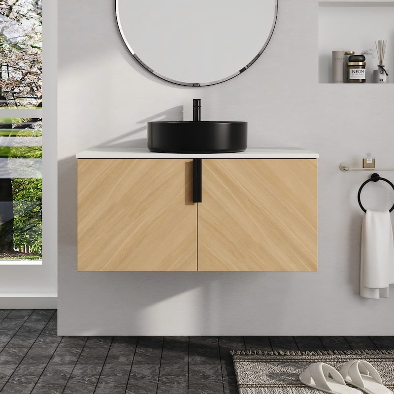 Malwee 30"/36" Floating Bathroom Vanity, Wall Mounted Bathroom Vanity with Ceramic Sink and Soft Close Door - Beige-Matt Black Sink - 35.5"×18.9"×21.8"