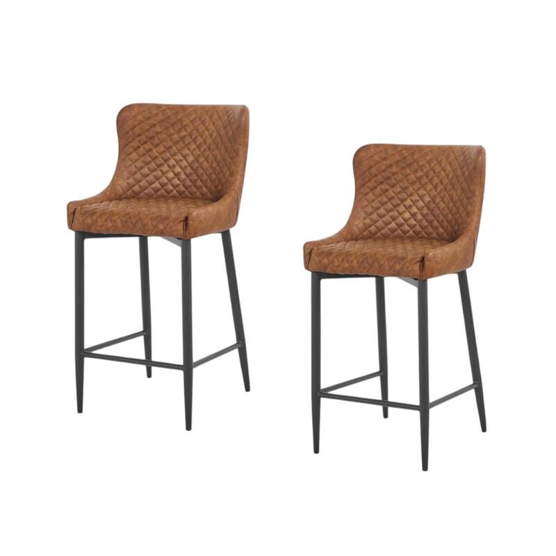 HomeRoots Set of Two 26" Orange and Black Metal and Faux Leather Low Back Counter Height Bar Chairs