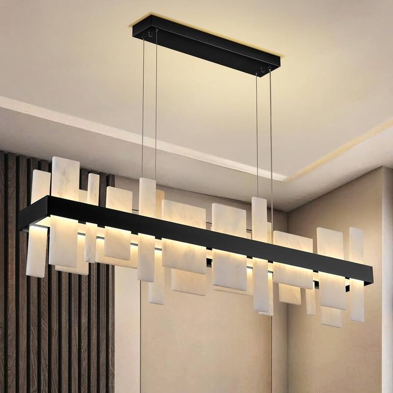 KAYLA 31 in. 8-Lights Drum Gold Chandelier With Alabaster Shade Chandelier - 46.8in Rectangle - Black