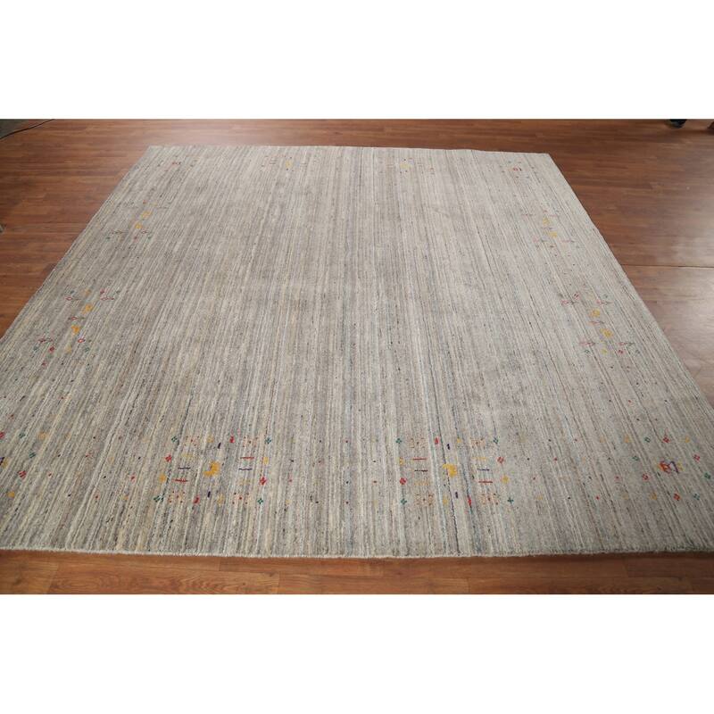 Striped Tribal Gabbeh Indian Square Area Rug Hand-Knotted Wool Carpet - 8'0"x 7'11"
