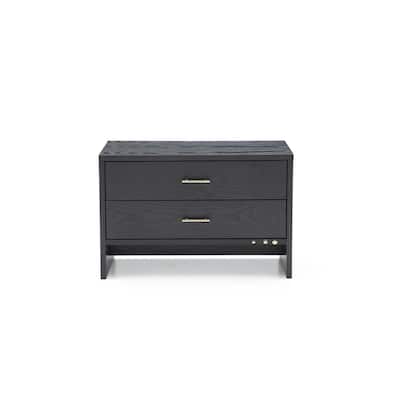 2 Drawer Wooden Nightstand with Brass Handles and Accents, Gray