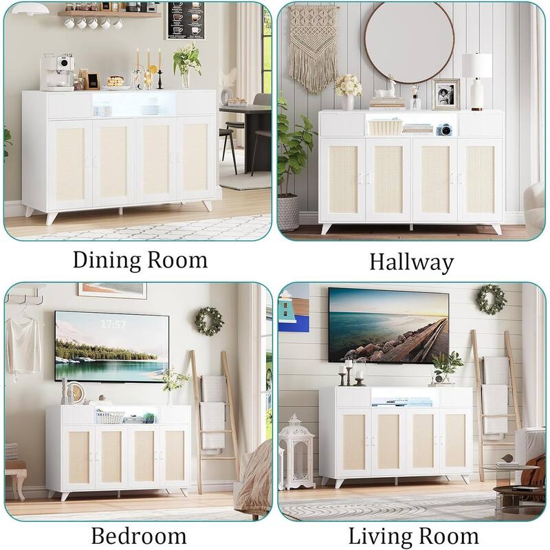Sideboard Buffet Cabinet, 4 Rattan Doors 2 Drawers Accent Storage Cabinet