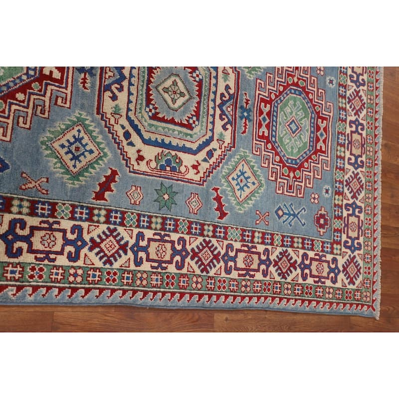 Light Blue Geometric Kazak Area Rug Hand-Knotted Wool Carpet - 4'0" x 5'10"