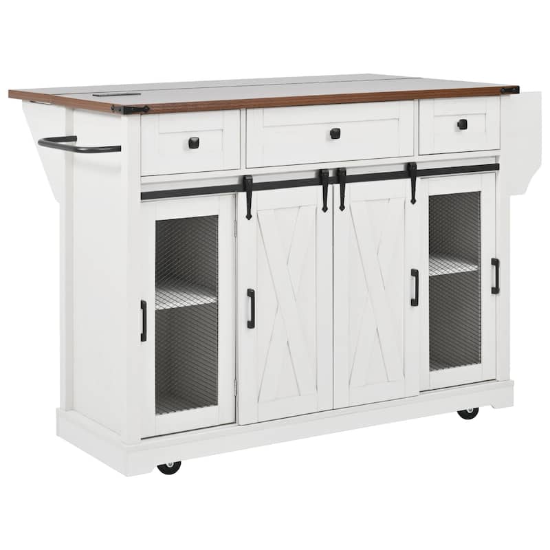 58" Farmhouse Kitchen Island with Sliding Barn Door, Drop Leaf & Storage, Mobile on 5 Wheels
