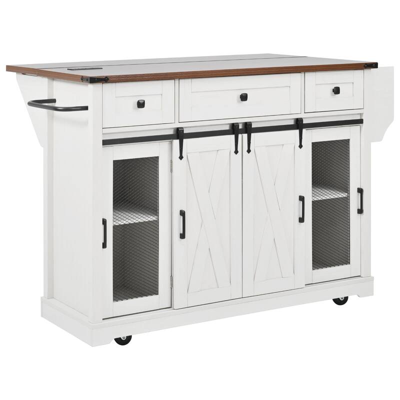 Rolling Kitchen Island Storage Table on 5 Wheels with Sliding Barn Door, Metal Grid Door, Spice Rack, Glass Holders, Drop Leaf
