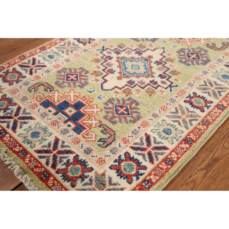 Pistachio Green Geometric Kazak Oriental Rug Hand-Knotted Wool Carpet - 2'1"x 2'10"