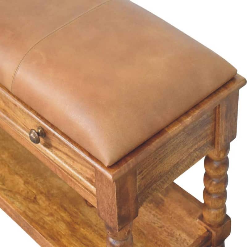 Artisan Furniture Solid Wood Leather Spindle Bench, Brown, Leather,2-Drawers, 1-Shelf