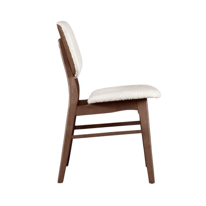 Set of 2 Boucle Upholstered Dining Chairs with Padded Back and Seat in Walnut and Beige