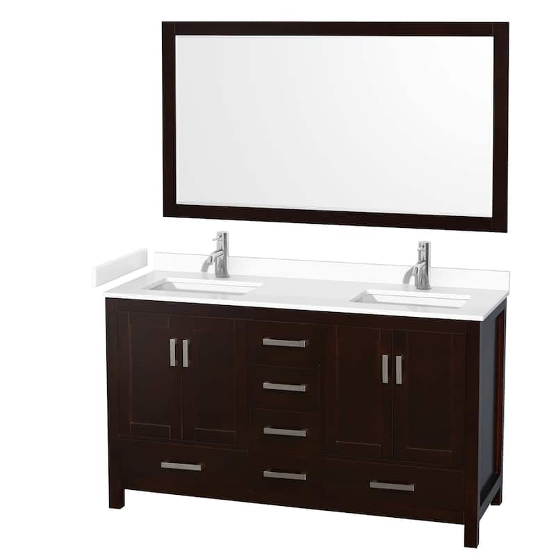 Sheffield Bathroom Vanity Set, Cultured Top, 58-Inch Mirror - 60-Inch Double - Espresso, White Cultured Marble Top, Chrome Trim