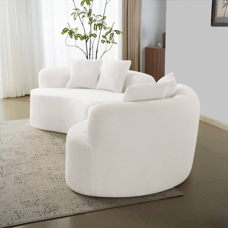 Curved Four Seater White Sofa, Teddy Velvet Fabric, Foam+Spring, Compact for Small Spaces