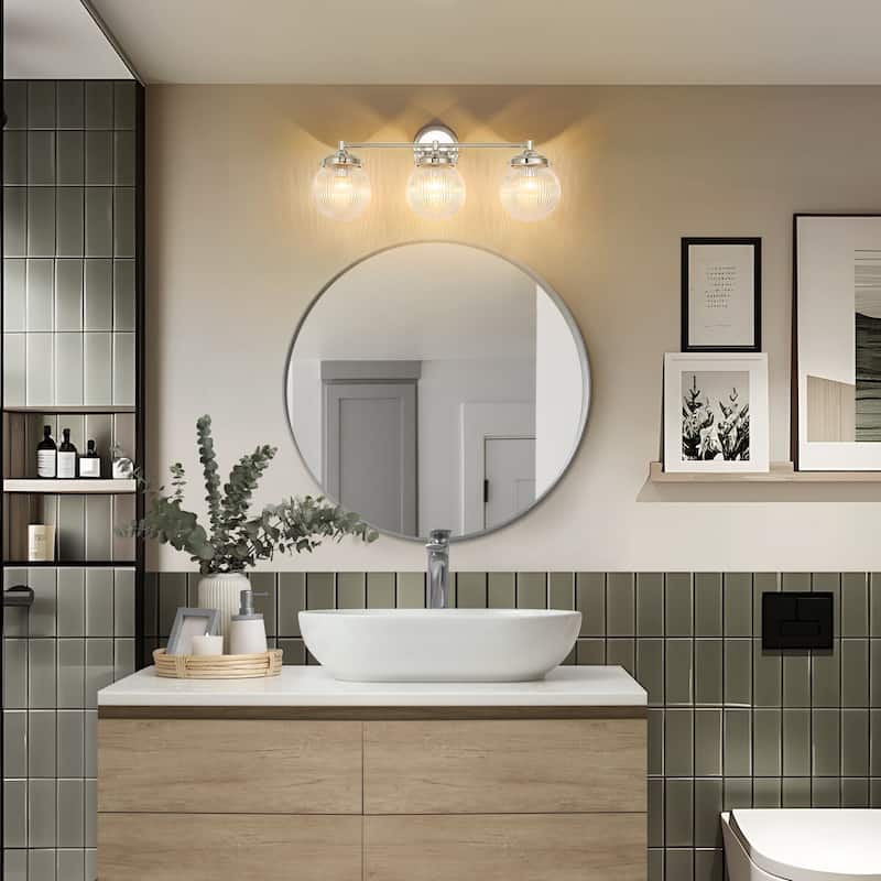 3-Light Modern Linear Ribbed Clear Glass Globe Bubble Bathroom Vanity Light over Mirror - 24.4 in. W x 9.6 in. H x 6.6 in. D