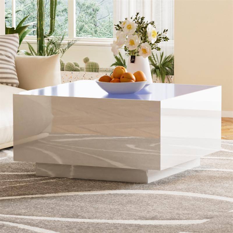 Square Hight Glossy Coffee Table with 16-color LED Strip Lights, Modern Center Table with 5mm Frosted Tempered Glass Top