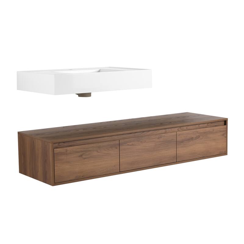 GDFStudio - Amelia 60" Wall-Mounted Bathroom Vanity with Resin Sink and Soft-Close Drawers, Brown Ebony Finish