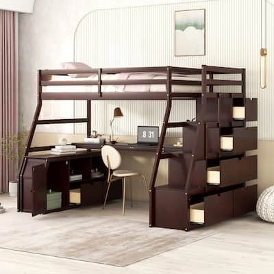 Multifunctional Twin Size Loft Bed with Built-in Desk, Storage Cabinet, 7 Drawers, 2 Shelves, Stairs and Guard Rail