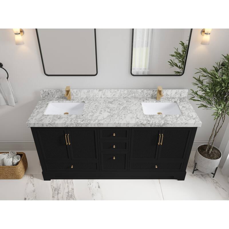 Willow Collections 72 x 22 Alys Double Bowl Sink Bathroom Vanity with Countertop - 2"Carrara Marble - Black