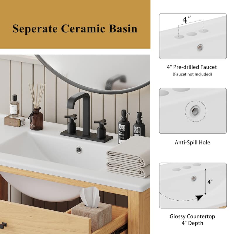 Roomfitters 36" Rattan Bathroom Vanity with Ceramic Sink, Modern Cabinet with Soft-Close Doors and Storage units