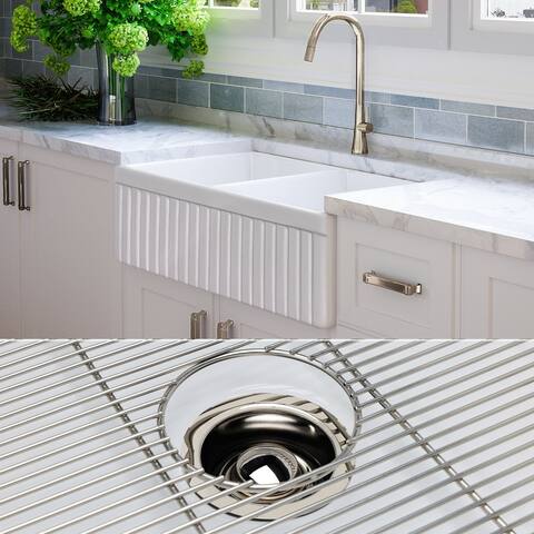 Fossil Blu 33-Inch SOLID Fireclay Farmhouse Sink in White, Polished Nickel Accessories, Fluted Front - 33 x 20 x 10