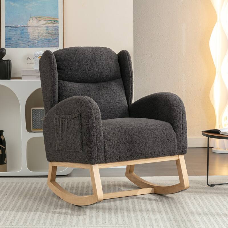 Modern Teddy Fabric Home Rocking Chair with Wood Leg, Tufted High Back - Dark Grey