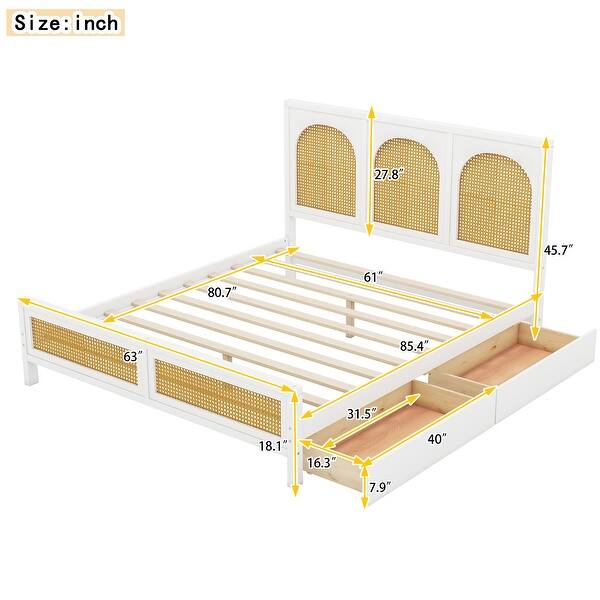Queen Size Wood Storage Platform Bed with Rattan Headboard