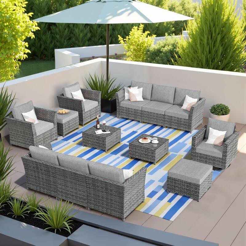 HOOOWOOO 13-piece Outdoor Wicker Patio Furniture Sectional Set with Swivel Chair - Dark Grey