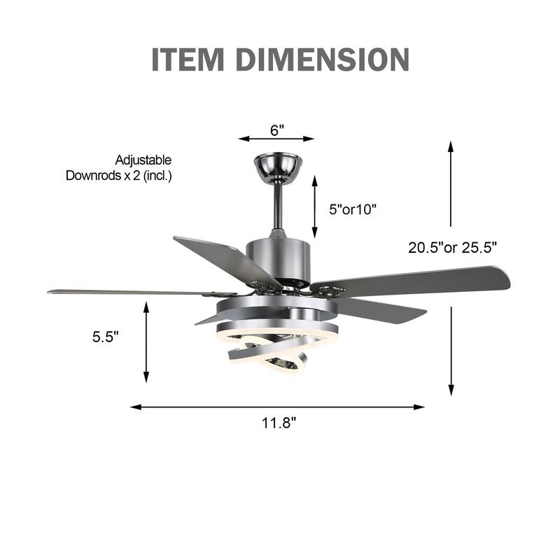 52Inch Modern DIY Shape Reversible Ceiling Fan with LED Light, 6-Speed Ceiling Fan with Remote for Large Room - 52 Inches