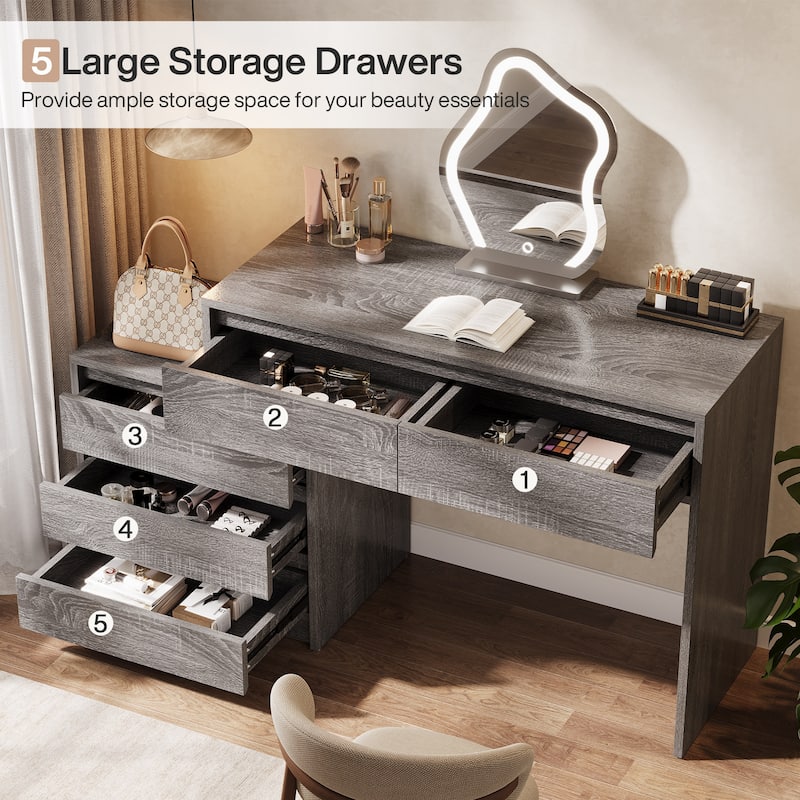 63" Vanity Desk with 5 Drawers, Makeup Table with Removable 3-Drawer Chest